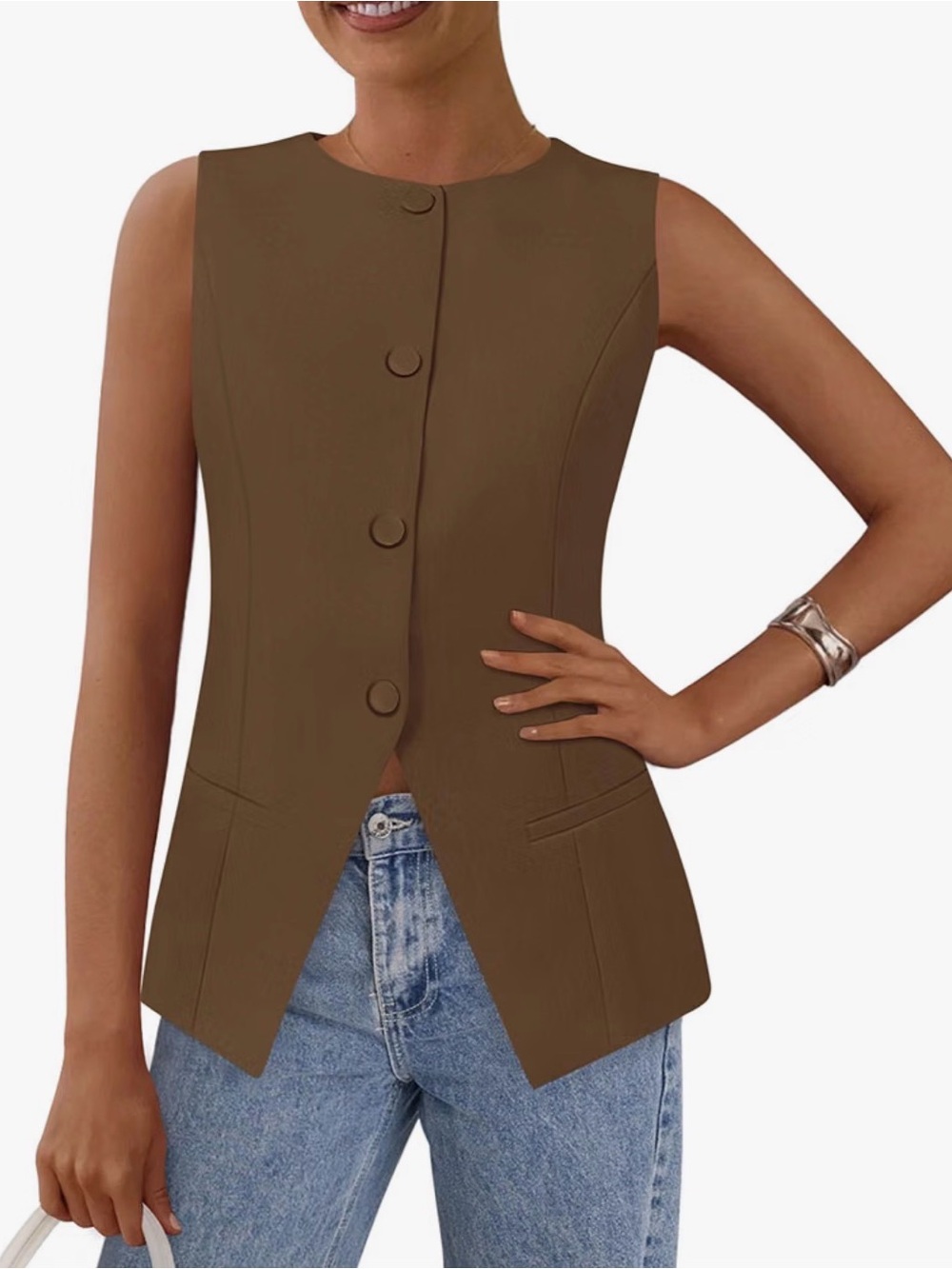 PrettyGarden XXL Brown Longline Tailored Vest Button Front